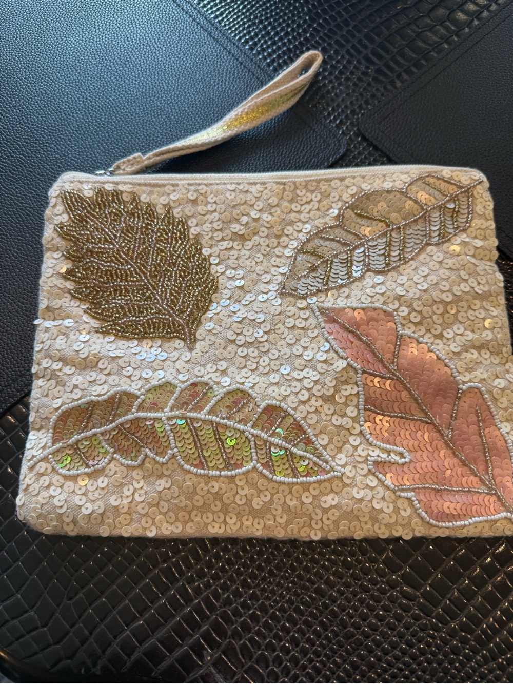 Sequin Leaf Embellished Wristlet Clutch in Champagne and Rose Gold